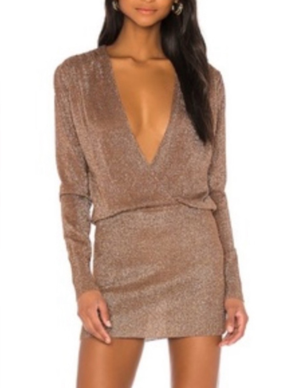 Brand New Superdown  Metallic Brown Wrap-Front Long Sleeve Dress